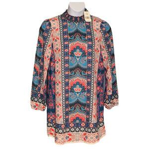 Jealous Tomato Boho Shift Dress Sz L Blue Multi Smocked Neck Balloon Sleeve NWT